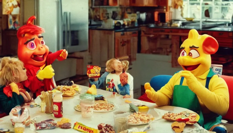 Image similar to 1 9 9 0 s candid 3 5 mm photo of a beautiful day in the family kitchen, cinematic lighting, cinematic look, golden hour, an absurd costumed mascot from the jimbles the super pony show is eating all of the kids cereal, the kids are hungry and the mascot is eating all of their food, uhd