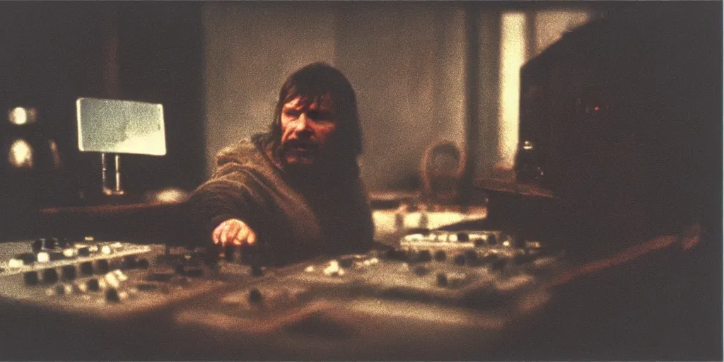 Prompt: detailed medium format photo, polaroid still from tarkovsky movie, aphex twin with his synthesizers, haze, high production value, intricate details, 8 k resolution, hyperrealistic, hdr, photorealistic, high definition, tehnicolor, award - winning photography, masterpiece, amazing colors