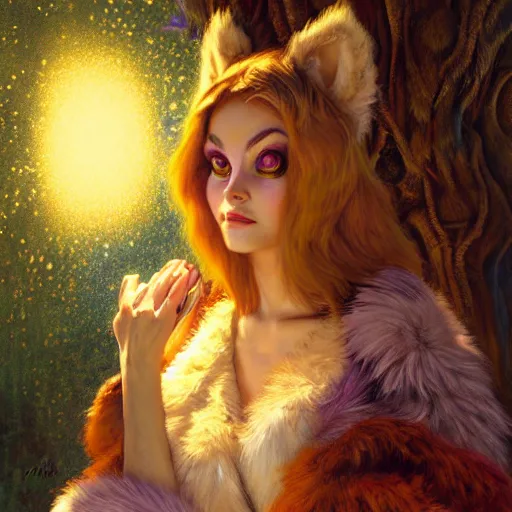 Image similar to a female owl owlwoman bird in magic robes at night in a dark forest. zootopia fursona furaffinity furry art detailed face painting by gaston bussiere craig mullins jc leyendecker gustav klimt artgerm greg rutkowski furry