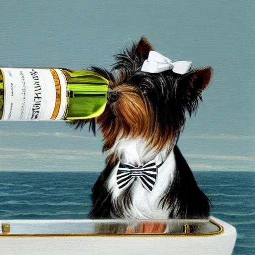 Image similar to a Yorkshire terrier on a yacht wearing a black bow tie holding a bottle of Dom Pérignon, extremely detailed masterpiece, illustration, by Michael Sowa,