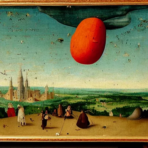 Image similar to A painting of a levitating giant watermelon, sliced in half, with a medieval town on it, above a sea of clouds by Hieronymus Bosch