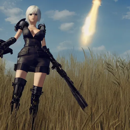 Image similar to a high resolution very detailed image of a 2 wielding a rocket launcher in russian tank boss fight from nier : automata in yellow rye field under pure blue skies