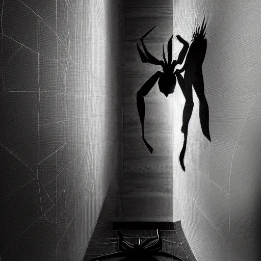 Image similar to “Happy Spider Man and Spider Girl hugging in hall, cinematic light, digital art”