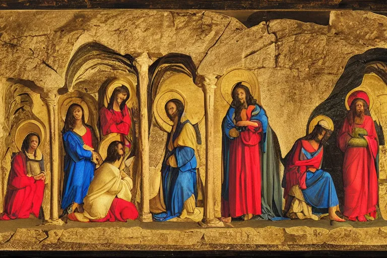 Prompt: inside the tomb of jesus, dark scene, light coming in from the left, small steps leading down, 3 marys crouching in colored robes at the tomb | 2 angels on the right side | medium close | fibonacci composition, by valentin de bologne