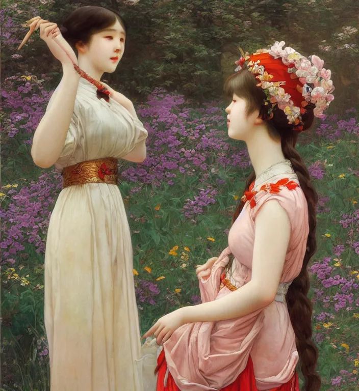 Image similar to IU, Korean Idol, Korean Artist, very detailed, digital art, concept art, studio quality, ethereal, art style by Edmund Bliar Leighton and J. C. Leyendecker and Alphonse Mucha