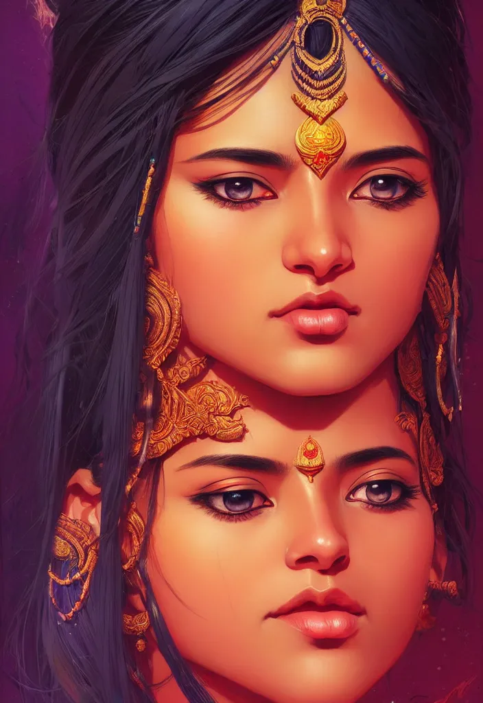 Image similar to a comic portrait of an indian goddess, realistic shaded perfect face, fine details. cosmic setting. anime style. realistic shaded lighting poster by ilya kuvshinov katsuhiro, magali villeneuve, artgerm, jeremy lipkin and michael garmash, rob rey and kentaro miura style, trending on art station