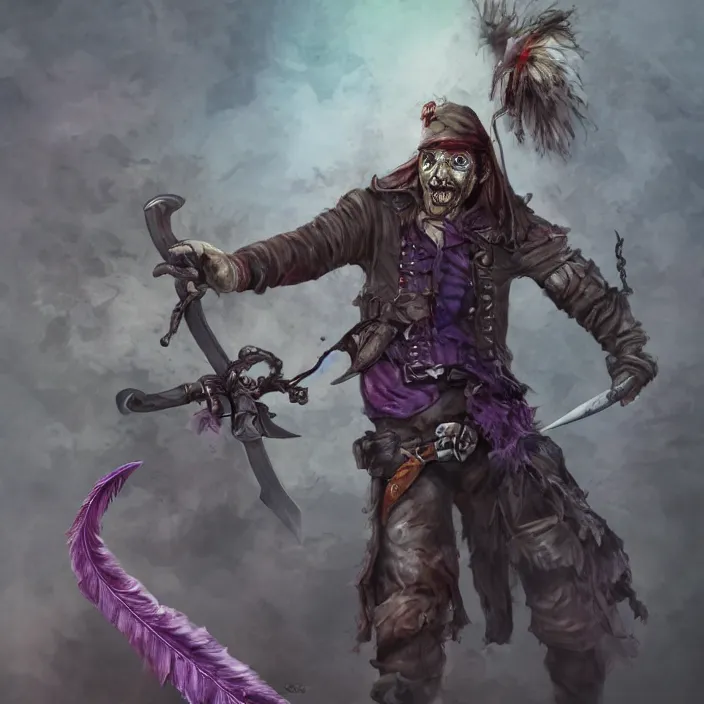 Image similar to Zombie pirate Captain wielding a sandstone rapier and sandstone dagger. Wearing a hat with an impressive feather and with a brutal scar across his neck. Magic, dark, purple lighting, flux. High fantasy, digital painting, HD, 4k, detailed.