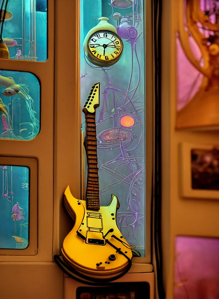 Prompt: telephoto 7 0 mm f / 2. 8 iso 2 0 0 photograph depicting the feeling of chrysalism in a cosy safe cluttered french sci - fi art nouveau cyberpunk apartment in a pastel dreamstate art cinema style. ( electric guitar ) ( ( fish tank ) ) ( ( clock ) ), ambient light.