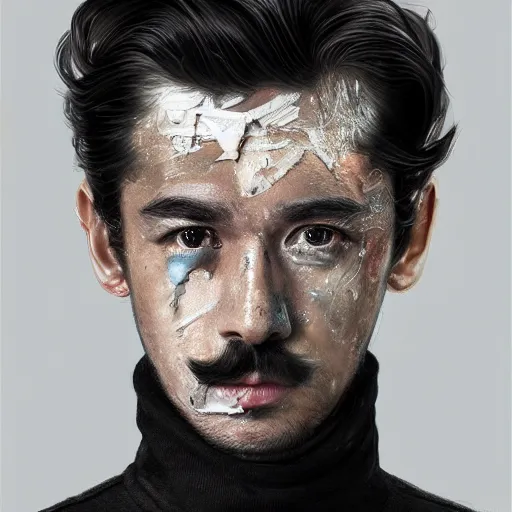 Prompt: A masterpiece portrait of a brutal male artist with a white curled mustache. Drops of paint on the skin. cool designer gradient visor sunglasses. Long hair on his head. Black turtleneck. . medium shot, intricate, elegant, highly detailed. trending on artstation, digital art, by Stanley Artgerm Lau, WLOP, Rossdraws, James Jean, Andrei Riabovitchev, Marc Simonetti, Yoshitaka Amano