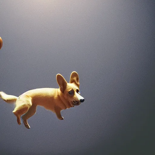 Image similar to film still of a corgi in a jersey dunking a basketball like michael jordan, low angle, show from below, tilted frame, 3 5 °, dutch angle, extreme long shot, high detail, indoors, dramatic backlighting.