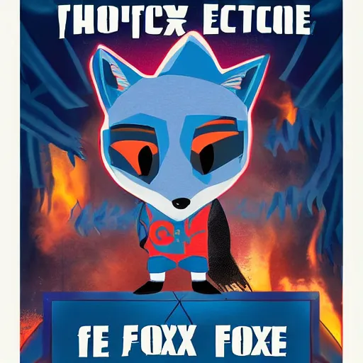 Image similar to modern action adventure movie poster, featuring in anthropomorphic blue fox in a hoodie, promotional movie poster print