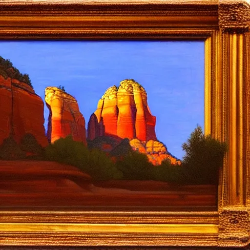 Image similar to sedona's cathedral rock bluff, oil painting at twilight, intricate lines, elegant, extreme detail, smooth, sharp focus, art by vermeer and edward church