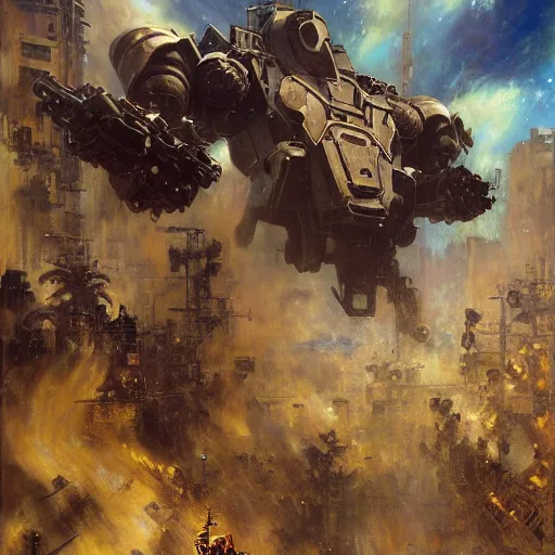 Image similar to six meters tall mech fighting in an urban environment, epic action scene, by gaston bussiere craig mullins jc leyendecker gustav klimt artgerm greg rutkowski john berkey, bergey, craig mullins, ruan jia, raymond swanland, jeremy mann, tom lovell, alex malveda, ray casting, hdr