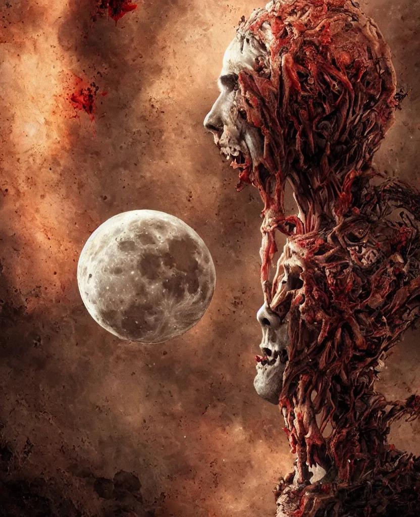 Prompt: moon made from thousands of rotten demonic bloody corpses of Nicolas Cage, body horror, flesh, blood, grotesque hell, highly detailed, vivid colors, dark shadows, contrast, concept art, sharp focus, digital art, Hyper-realistic, 4K, Unreal Engine, Highly Detailed, Dramatic Lighting, Beautiful, by Brom, bastien lecouffe-deharme