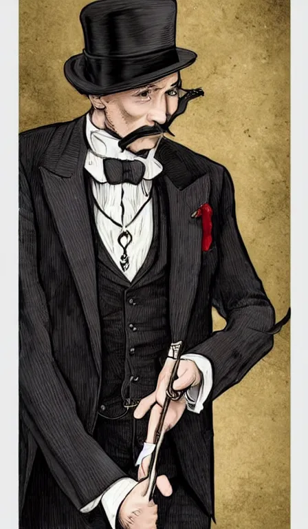Prompt: a time traveling gentleman in a tailored suit with a monocle holding a pocket watch and using a cane who is thin, fit and very British by artgerm and wlop, tarot card style