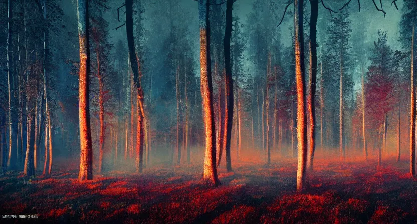 Image similar to national geographic photo of dark russian forest, soft colors, bright neon, retro-futurism, atomic heart game concept render