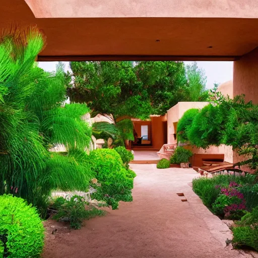 Prompt: a beautiful desert house with flowing green garden around it