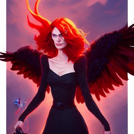 Image similar to beautiful female mage with red hair, keira knightley, black clothing, dark feathered wings, intricate, highly detailed face, cory behance hd by jesper ejsing, by rhads, makoto shinkai and lois van baarle, ilya kuvshinov, rossdraws global illumination