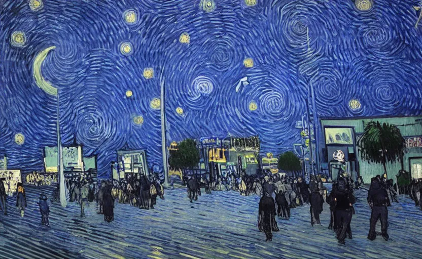 Image similar to people with posters attacking cops, a huge blue spiral - shaped white luminous attractor is floating on the horizon near the sun, stores in los angeles with light screens all over the street, concept art, art for the game, professional lighting, dark night lighting from streetlights, by van gogh