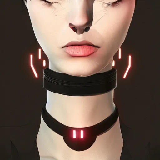 Image similar to headshot artwork of cyberpunk woman wearing thick black choker, collar on neck, realistic, artstation, neon,