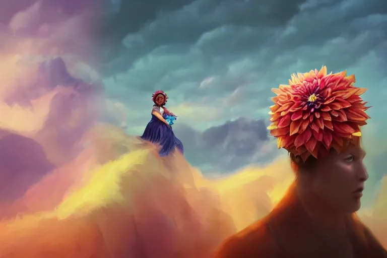 Image similar to giant dahlia flower crown under head, bust girl on mountain, surreal photography, blue storm clouds, dramatic light, impressionist painting, digital painting, artstation, simon stalenhag