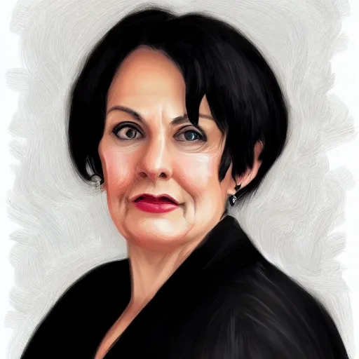 Prompt: a digital portrait of a 61 year old with black hair,hazel green eyes, drawn in the style of mark Arian