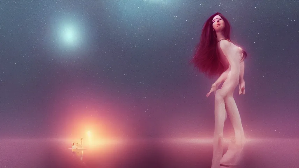 Image similar to whimsical, a single beautiful playful woman, standing in a lake, under the stars, with a binary black hole with a ring in the sky, by Lois van Baarle, by Greg Rutkowski, by Ilya Kuvsninov, cinematic angle, face enhance, volumetric lighting, cinematic lighting, digital art, 4k resolution, octane render, trending on artstation, masterpiece