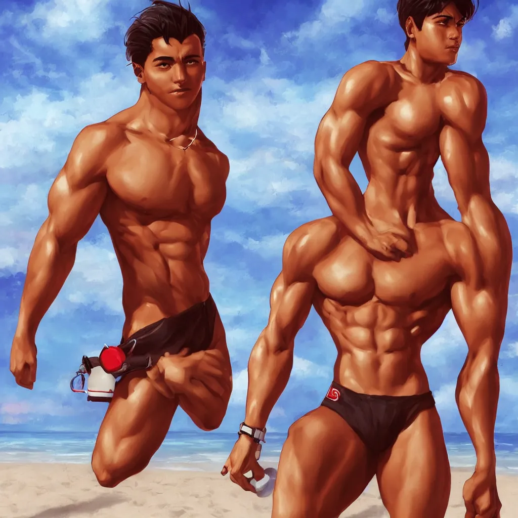 Image similar to A Buff Young Latino Male Lifeguard at the Beach, short black hair, brown eyes, slight smile, art by Artgerm, artstation