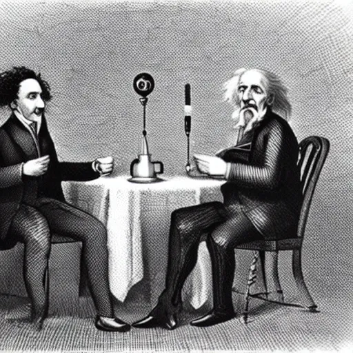 Image similar to Einstein, Isaac Newton, and Nikolai Tesla sharing a joint, drawing