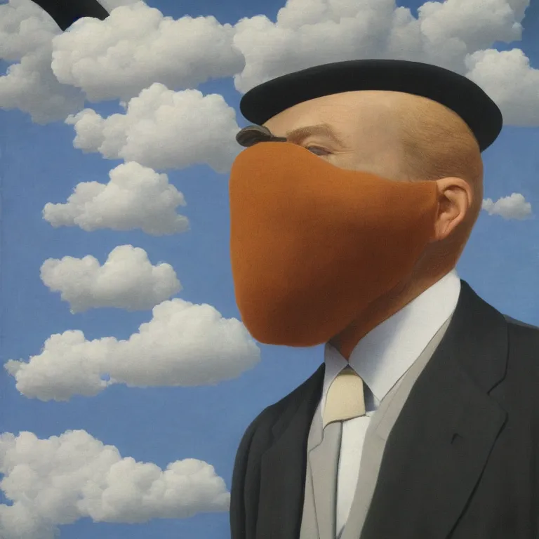 Image similar to portrait of a man made out of clouds in a suit, face hidden by clouds, by rene magritte, detailed painting, hd, hq, high resolution, high detail, 4 k, 8 k