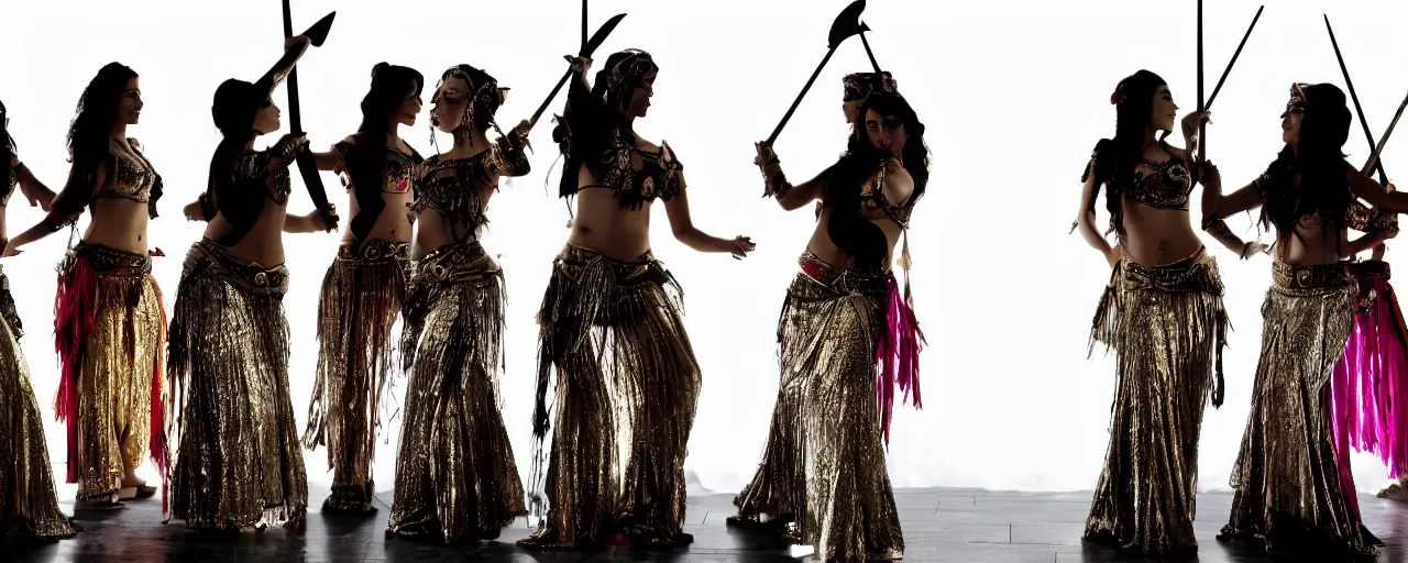 Prompt: wide angle associated press photo of a group of belly dancers with swords, silhouette, dramatic lighting, 4 k photo