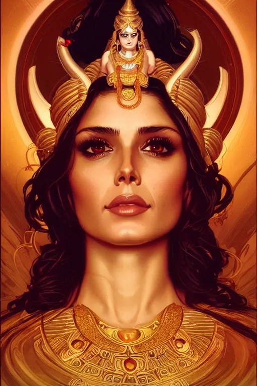 Image similar to cheryl cole as personification of goddess shiva, portrait, highly detailed, digital painting, artstation, concept art, smooth, sharp focus, illustration, cinematic lighting, art by artgerm and greg rutkowski and alphonse mucha