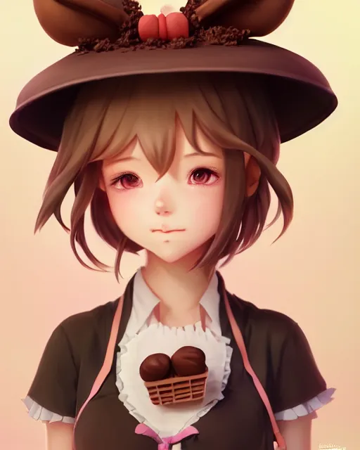Prompt: a girl as personification of chocolate cupcake, character design, cute hats, unreal engine, highly detailed, digital illustration by artgerm, tooth wu, studio ghibli, sharp focus, artstation. ribbons, dog ears. a fantasy bakery by studio ghibli, makoto shinkai, global illumination, sweets,