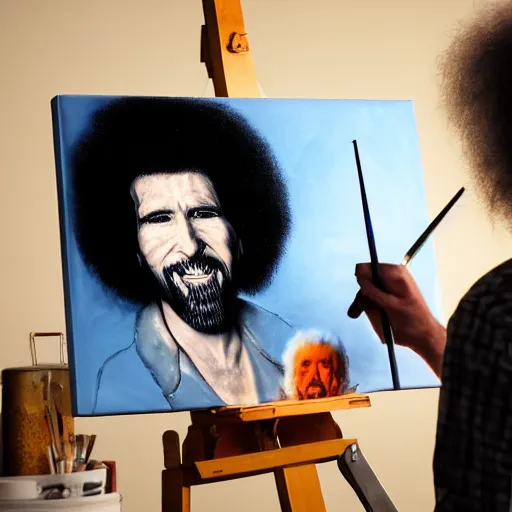 Image similar to a closeup photorealistic photograph of bob ross working on a canvas painting of marilyn manson. happy trees, mountain scape. film still. brightly lit scene. this 4 k hd image is trending on artstation, featured on behance, well - rendered, extra crisp, features intricate detail, epic composition and the style of unreal engine.