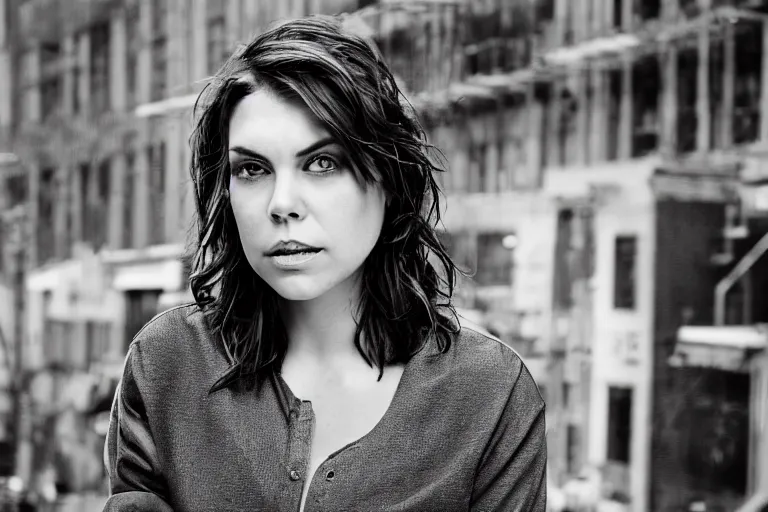 Image similar to closeup potrait of Lauren Cohan in a deserted new york city, photograph, natural light, sharp, detailed face, magazine, press, photo, Steve McCurry, David Lazar, Canon, Nikon, focus