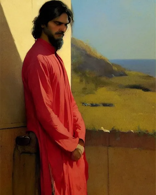 Image similar to a guy in a kurta waiting for his love to come, art by greg rutkowski, gustave courbet, rosa bonheur, edward hopper. faithfully depicted facial expression, perfect anatomy, sharp focus, global illumination, radiant light, detailed and intricate environment, trending on artstation