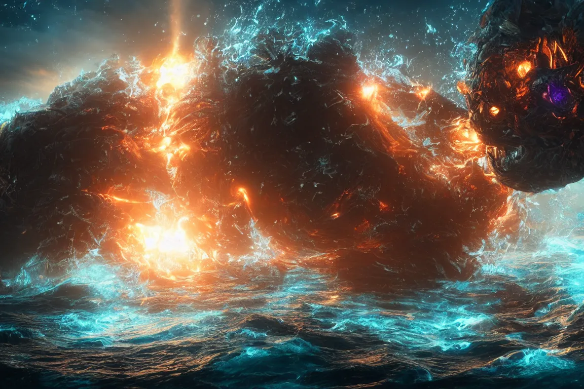 Prompt: colossal shaman gods destroying very living thing in the ocean, cast across the night sky, 8 k, ultra realistic, lens flare, atmosphere, glow, detailed, intricate, full of colour, cinematic lighting, trending on artstation, 4 k, hyperrealistic, focused, extreme details, unreal engine 5, cinematic, masterpiece