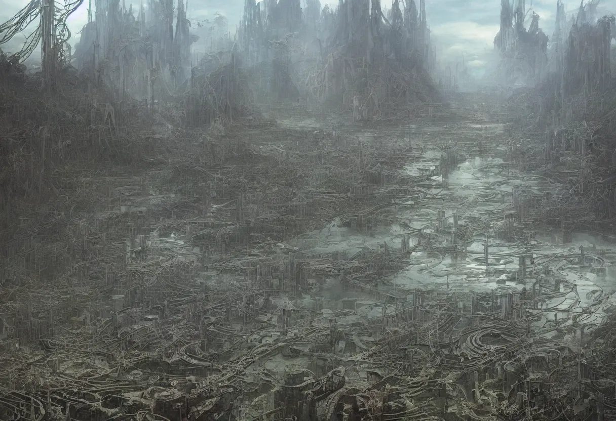 Prompt: the last patch of vegetation on earth at the edge of a futuristic megacity with sewage drains pumping sludge into the river, by daniel - by greg rutkowski and raymond swanland hr giger and zdzislaw beksinski and alphonse mucha and moebius, matte painting, hyperdetailed, symmetry, art nouveau, beautiful render, concept art