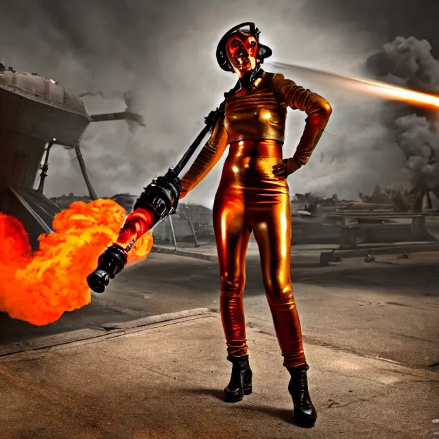 Prompt: full length photo of a beautiful atompunk warrior with a flamethrower, 8 k, hdr, smooth, sharp focus, high resolution, award - winning photo