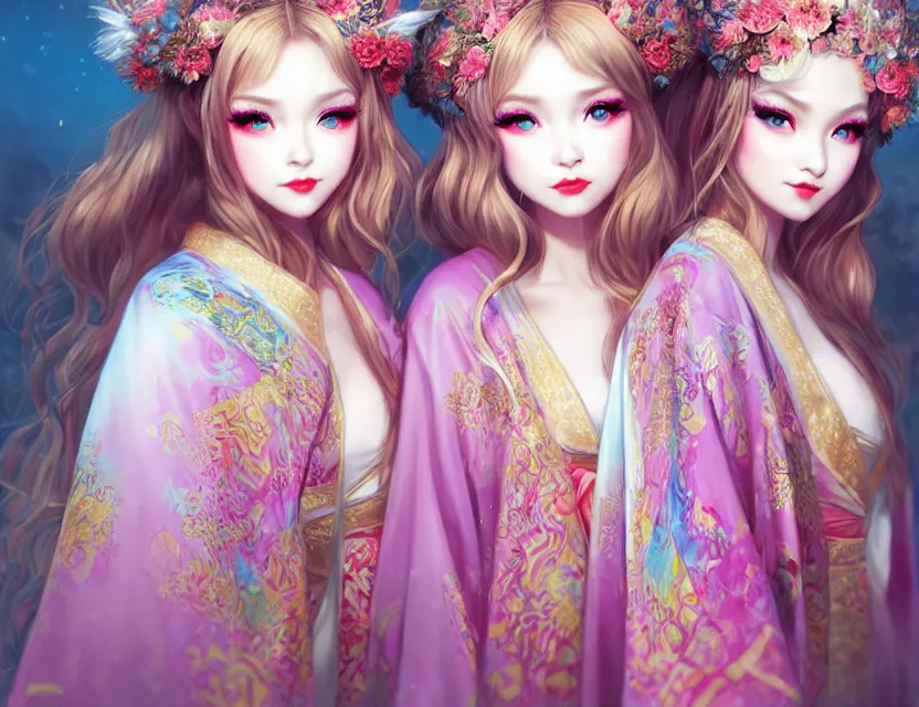 Image similar to two beautiful fashion siberian girls wear fantasy kimono in festival | | big eyes, sunny, dreamlike art, realistic shaded, smile, good looking, hyper details, 4 k realistic, cryengine, realistic shaded lighting poster by artgerm, ross tran, fuji choko, loish, 8 k resolution, trending on artstation, luxury