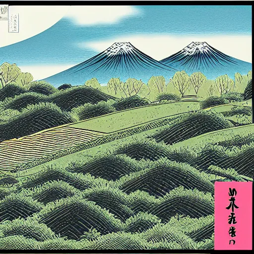 Image similar to landscape of japanese countryside, in style of weezer pinkerton