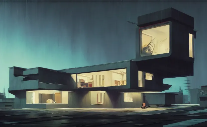 Prompt: An Exterior wide angle shot of a cyberpunk futuristic modern architecture house, Edward Hopper and James Gilleard, Zdzislaw Beksinski, Mark Ryden, Wolfgang Lettl highly detailed, hints of Yayoi Kasuma , Dark atmospheric sad and cinematic lighting, Trending on artstation, Archviz, Archdaily, Deezen, Design milk, Architectural visualisation, Vibrant color, good composition