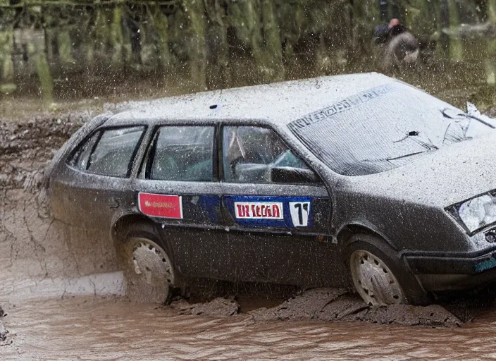 Image similar to a saab 9 0 0 stuck in the mudd during paris dacar rally