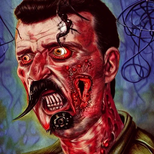 Image similar to igor ivanovich strelkov became an aggressive bloody lovecraftian degenerate abomination, photo - realistic, color image, 2 k, highly detailed, bodyhorror, occult art