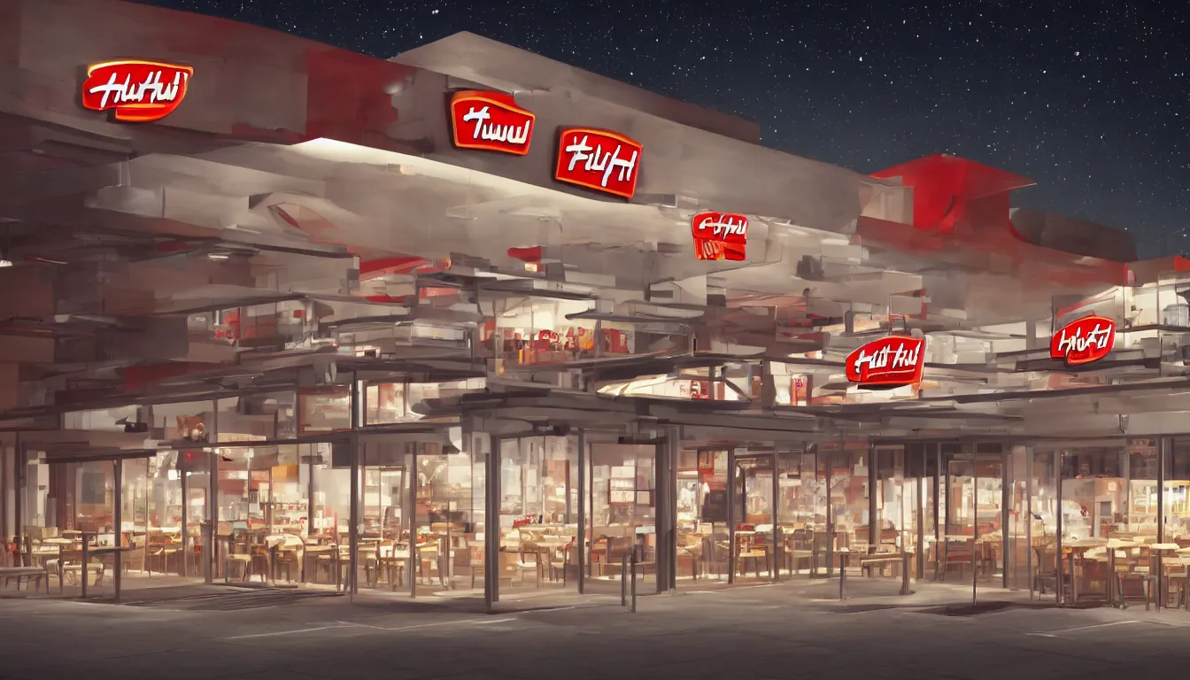 Prompt: futuristic Pizza Hut at night, view from outside, photorealistic