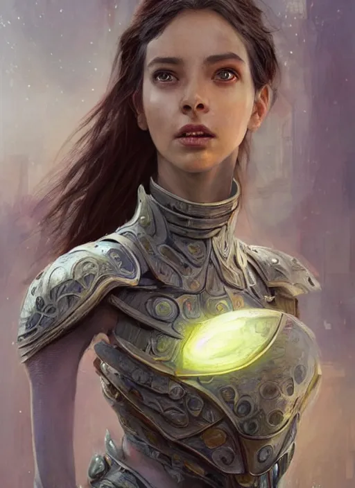 Image similar to a professional painting of a beautiful young female alien, clothed in ethereal armor, olive skin, long dark hair, beautiful bone structure, symmetrical facial features, intricate, elegant, digital painting, concept art, smooth, sharp focus, illustration, from Valerian and the City of a Thousand Planets, by Ruan Jia and Mandy Jurgens and Artgerm and William-Adolphe Bouguerea