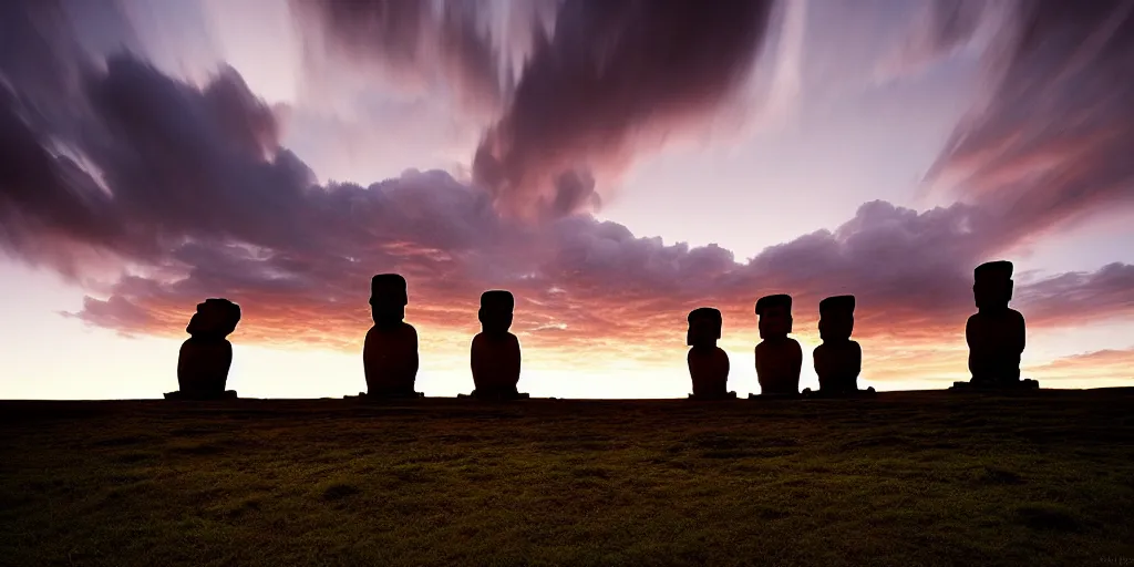 Image similar to amazing landscape photo of astronaut standing still in front of easter island statues at dusk by Marc Adamus beautiful dramatic lighting