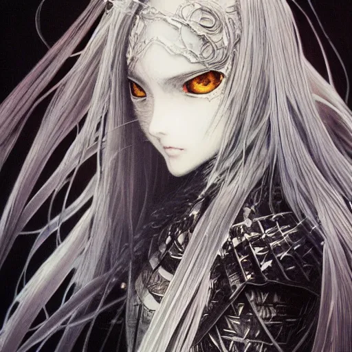 Image similar to yoshitaka amano blurred and dreamy realistic illustration of an anime girl with wavy white hair and cracks on her face wearing elden ring armour with the cape fluttering in the wind, abstract black and white patterns on the background, noisy film grain effect, highly detailed, renaissance oil painting, weird portrait angle