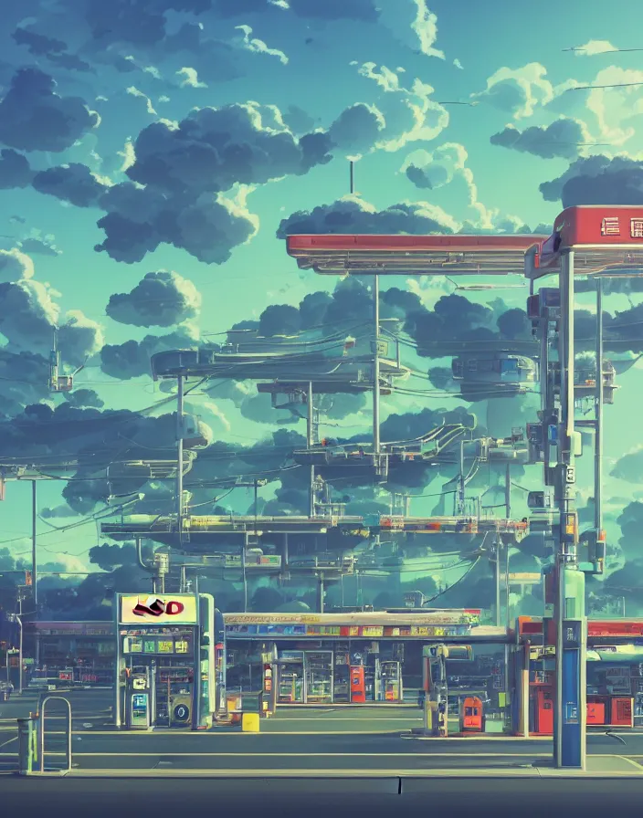 Prompt: STUDIO GHIBLI, gas station, in a flying city, solar, green technology, optimist future by Asher Durand. intricate artwork by Tooth Wu and wlop and beeple and dan mumford and greg rutkowski and nekroxiii. halo. octane render, cinematic, hyper realism, octane render, 8k, depth of field, bokeh. iridescent accents. vibrant.