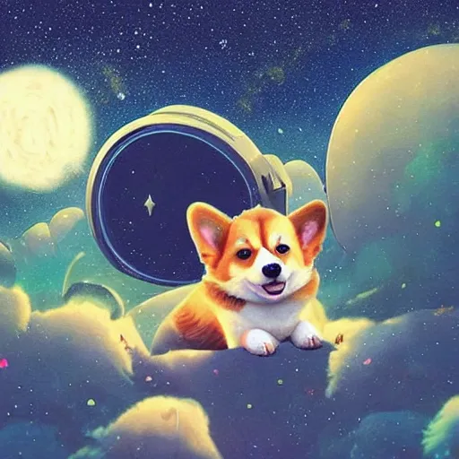 Image similar to adorable corgi puppy in space, starry background, beautiful digital painting by simon stalenhag, magical, intense, cool